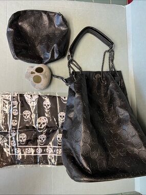 Skull Shoulder Black Bag purse with Chain Straps, scarf, charm & small bag goth